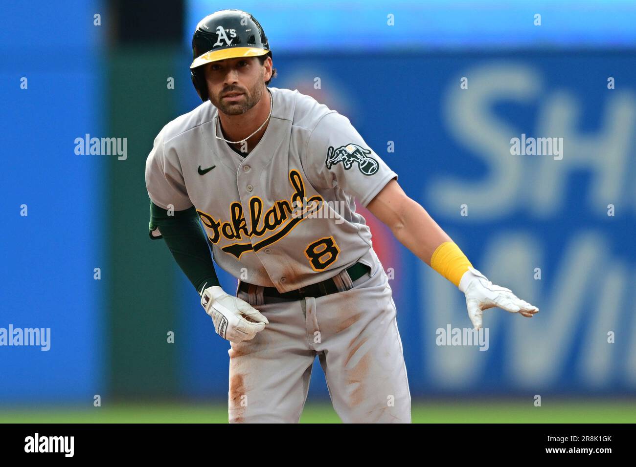 Oakland Athletics' Tyler Wade celebrates after hitting a double against the  Cleveland Guardians during the fourth inning of a baseball game Wednesday,  June 21, 2023, in Cleveland. (AP Photo/David Dermer Stock Photo 
