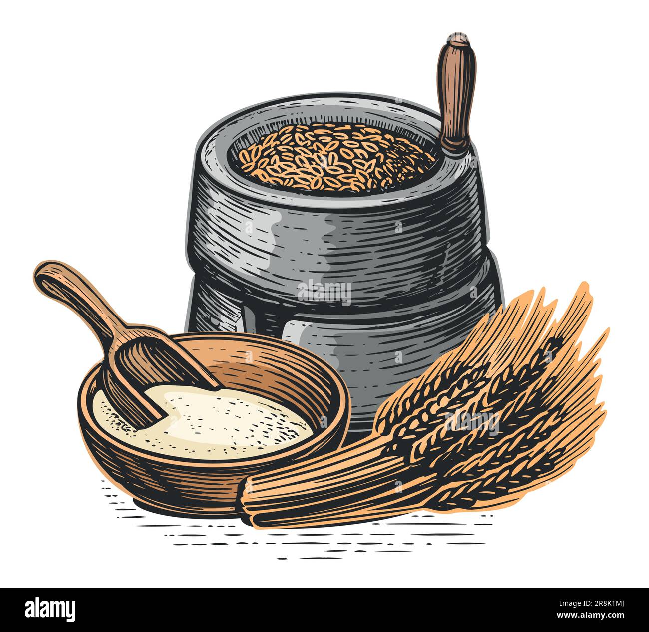 Wheat ears, flour, millstones. Vector illustration. Processing cereal seeds into flour for cooking Stock Vector