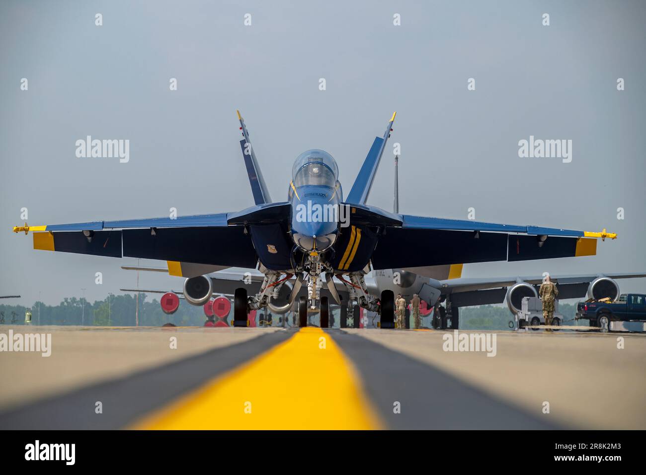 A U.S. Navy Blue Angel sits on the flight line between shows at Rickenbacker Air National Guard
