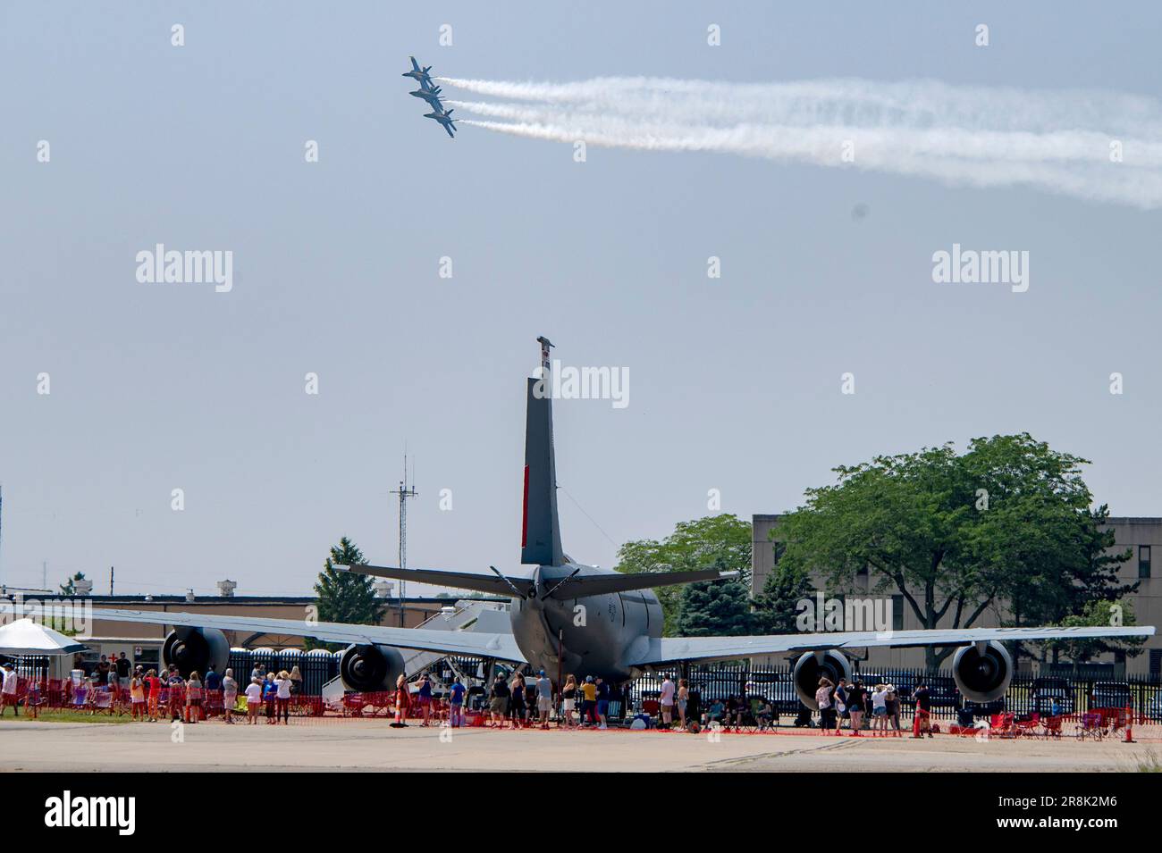 The U.S. Navy Blue Angels fly over 121st Air Refueling Wing family day participants at