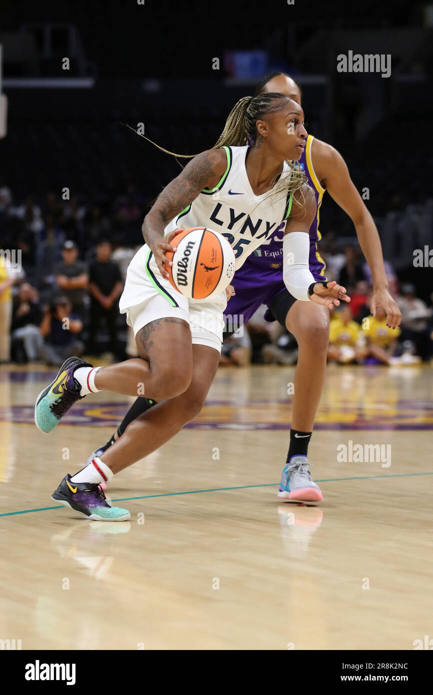 LOS ANGELES, CA - JUNE 20: Minnesota Lynx guard Tiffany Mitchell (25)  drives during the Minnesota Lynx versus the Los Angeles Sparks on June 20,  2023, at Crypto.com Arena in Los Angeles,
