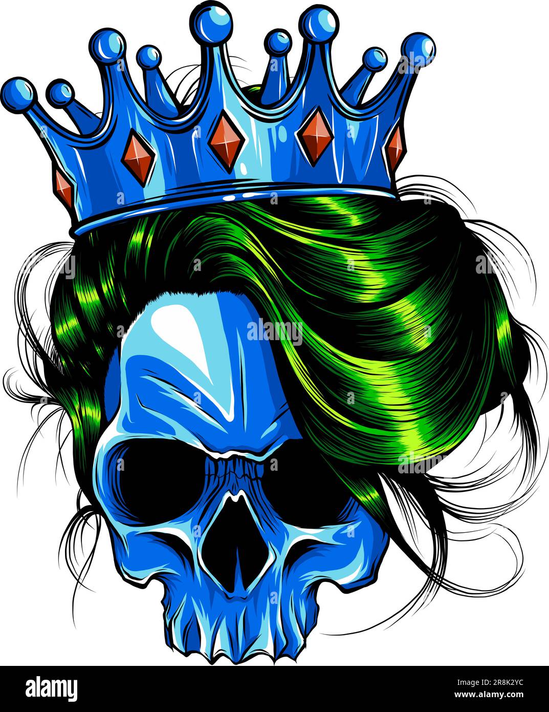Queen of death. Portrait of a skull with a crown and long hair. Stock Vector