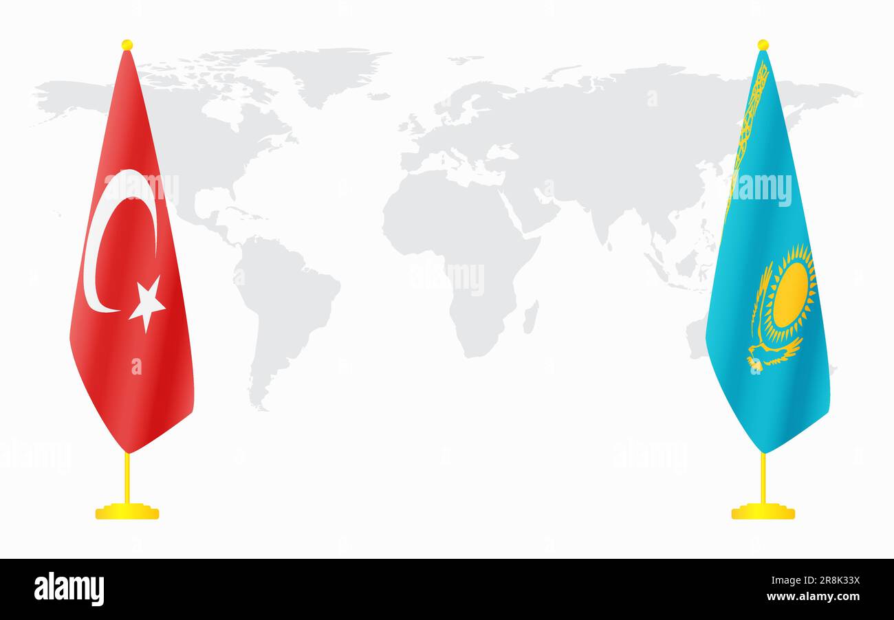 Turkey and Kazakhstan flags for official meeting against background of