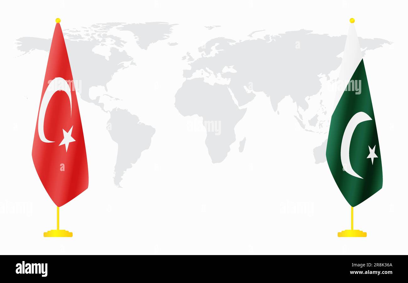 Turkey and Pakistan flags for official meeting against background of