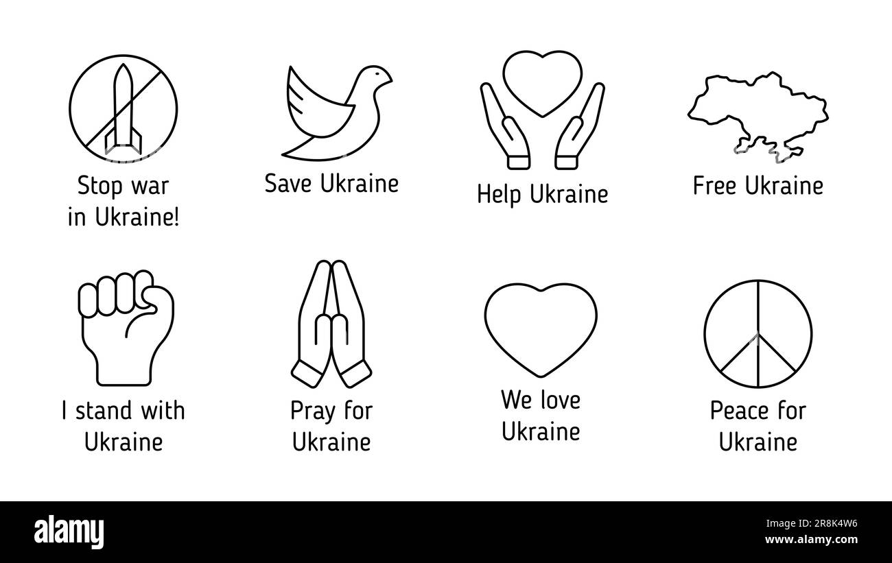 stop war in Ukraine outline vector icons Stock Vector