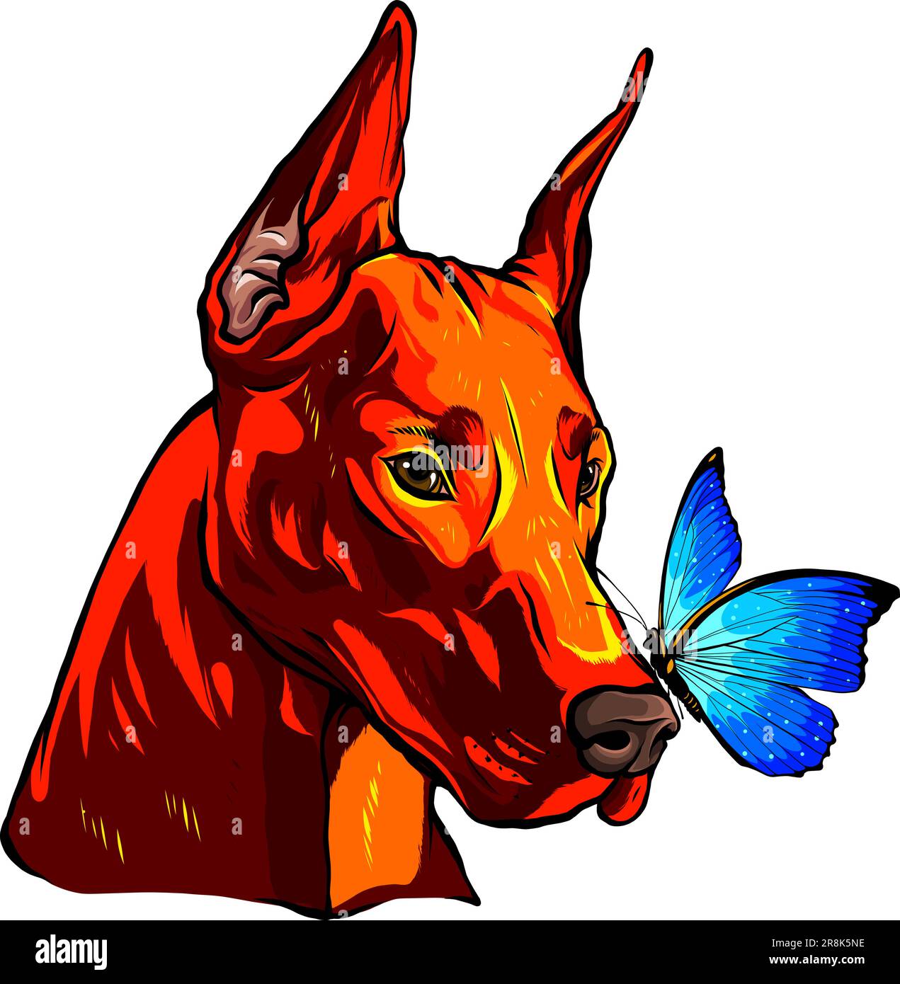 Dobermann dog face with butterfly ed vector illustration Stock Vector
