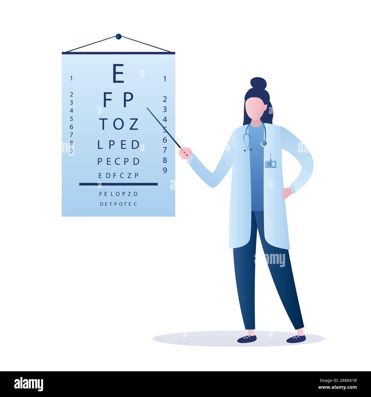 Doctor oculist checks vision. Eye test chart. Vision test. Optical exam. Healthy sigh. Medical care concept. Female ophthalmologist. Trendy style vect Stock Vector
