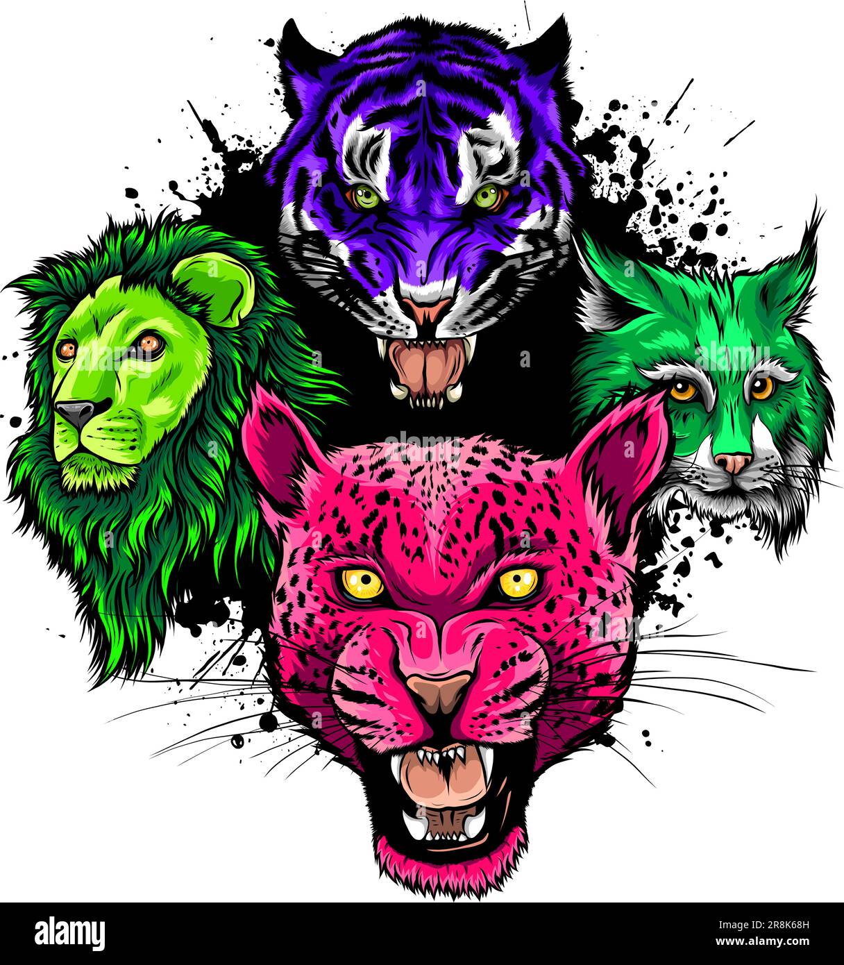 Cartoon big cats vector set. Illustration of cougar, jaguar, leopard, lion, tiger, cheetah, snow leopard. Stock Vector