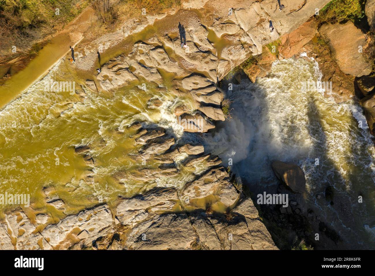 Aerial view of the Portellada waterfall after heavy rains in autumn (Matarraña, Teruel, Aragon, Spain) ESP: Vista aérea del salto de la Portellada Stock Photo