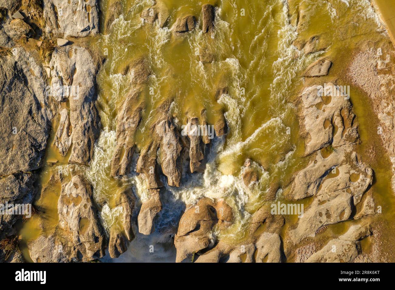 Aerial view of the Portellada waterfall after heavy rains in autumn (Matarraña, Teruel, Aragon, Spain) ESP: Vista aérea del salto de la Portellada Stock Photo