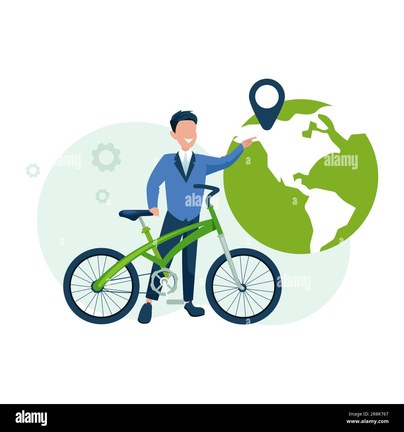 Clean transportation and ecology concept. Vector of a man with a bicycle on a background of the earth planet Stock Vector