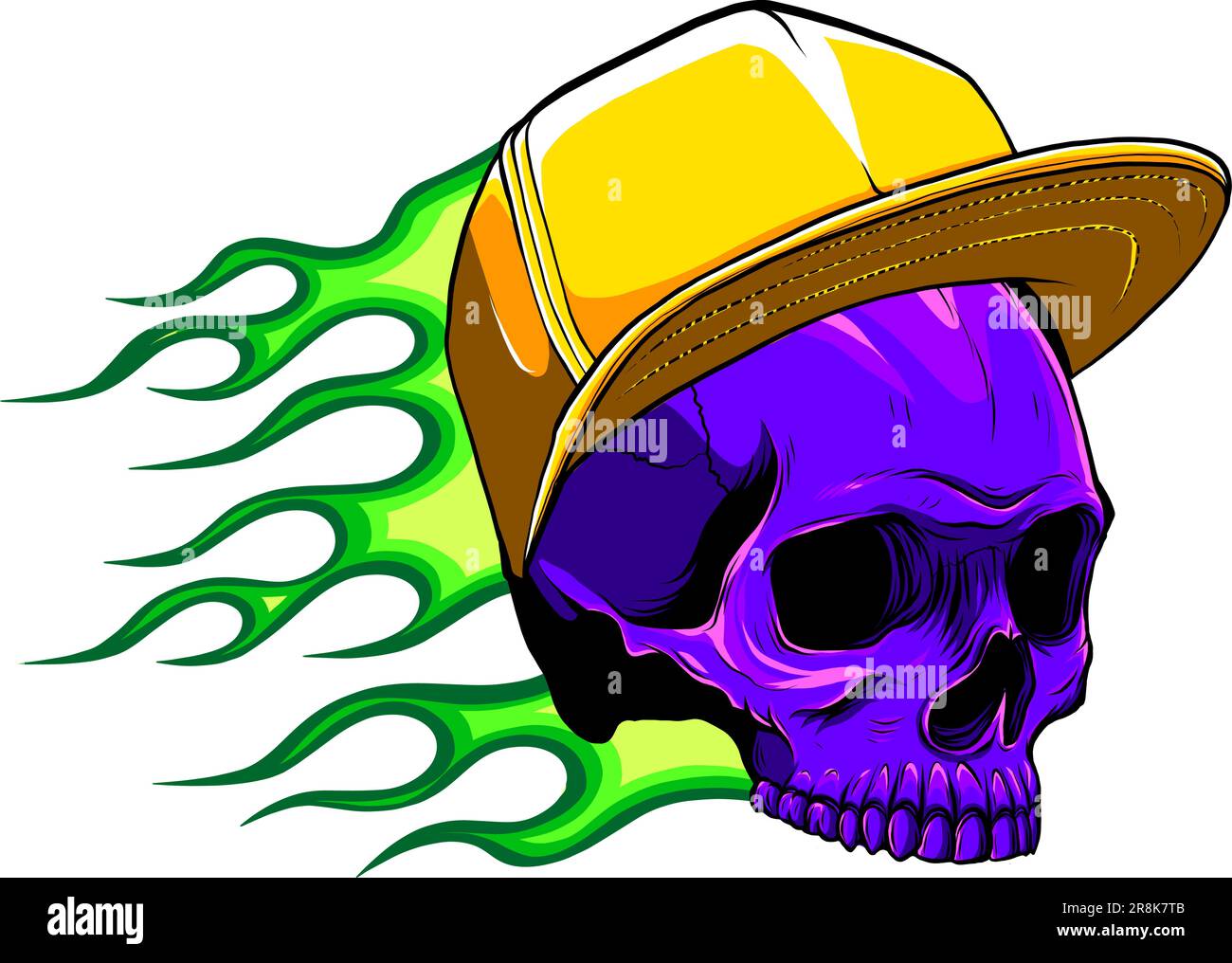 skull with hat and flames vector illustration Stock Vector