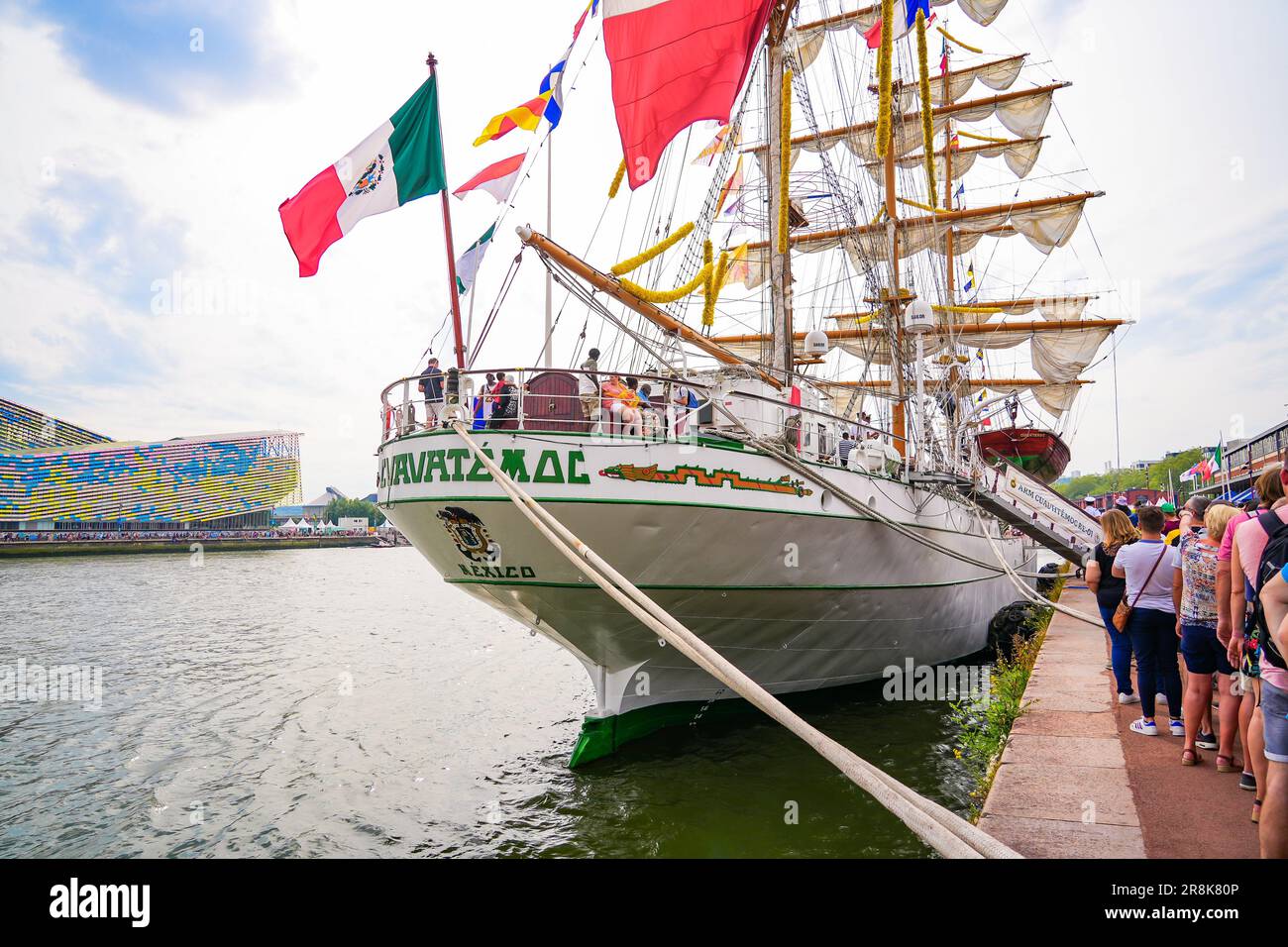 Rouen, France - June 17, 2023 : Stern of the training vessel 'Cuauhtémoc' of the Mexican Navy, moored on the quays of the Seine in Rouen in Normandy f Stock Photo