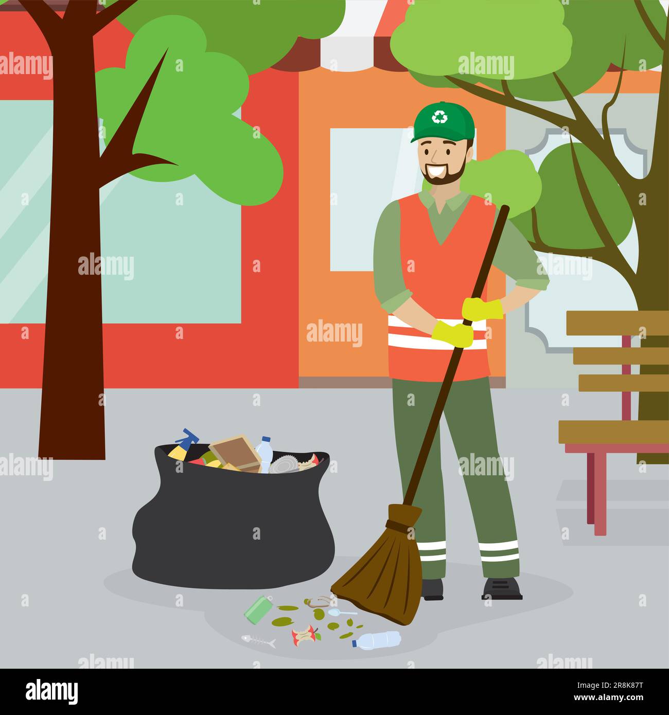 Garbage collector and trash bag with garbage. Cartoon Male worker ...