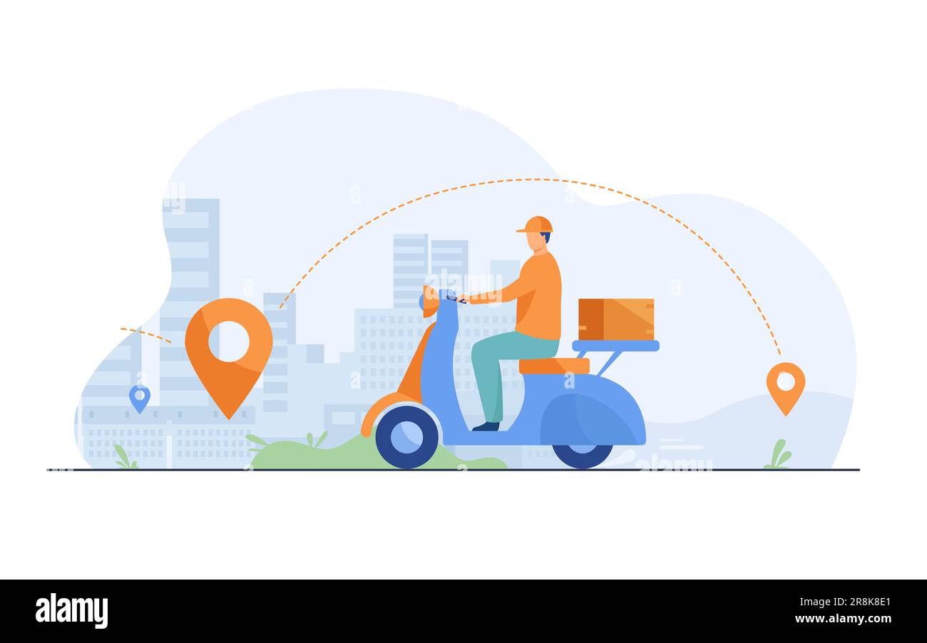 Courier shipping package at moped flat vector illustration Stock Vector ...