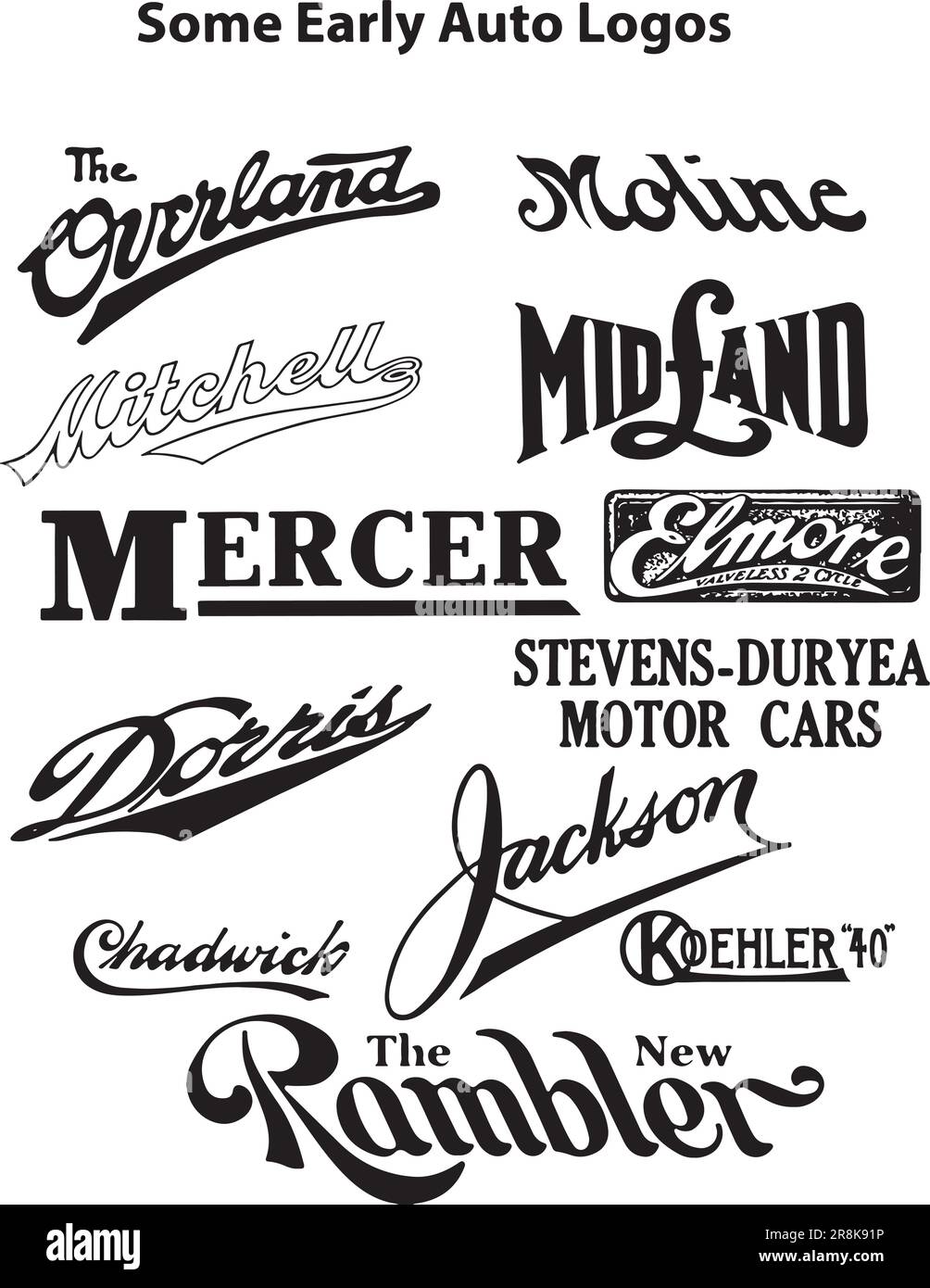 Black and white images of some early 20th century automobile logos. Stock Vector