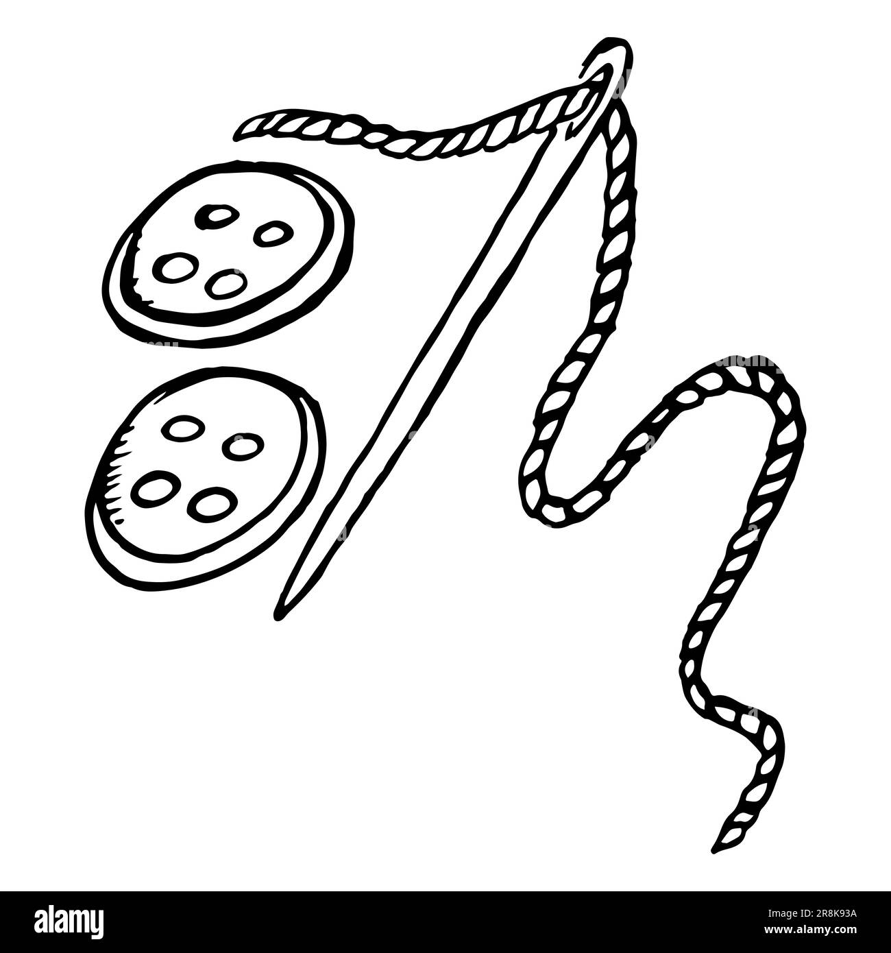 Needle and thread and button sewing monochrome ink hand drawn sketch