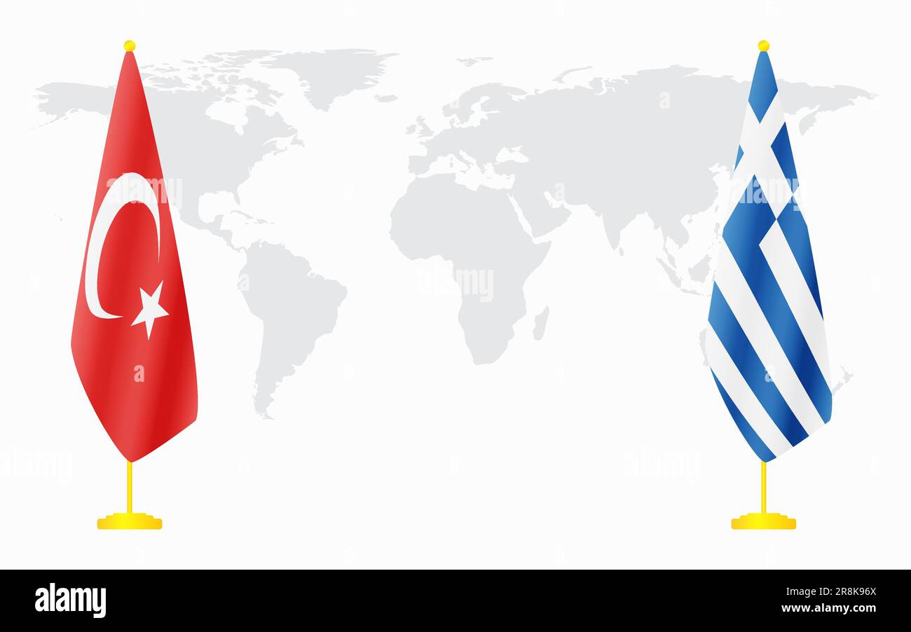 Turkey and Greece flags for official meeting against background of