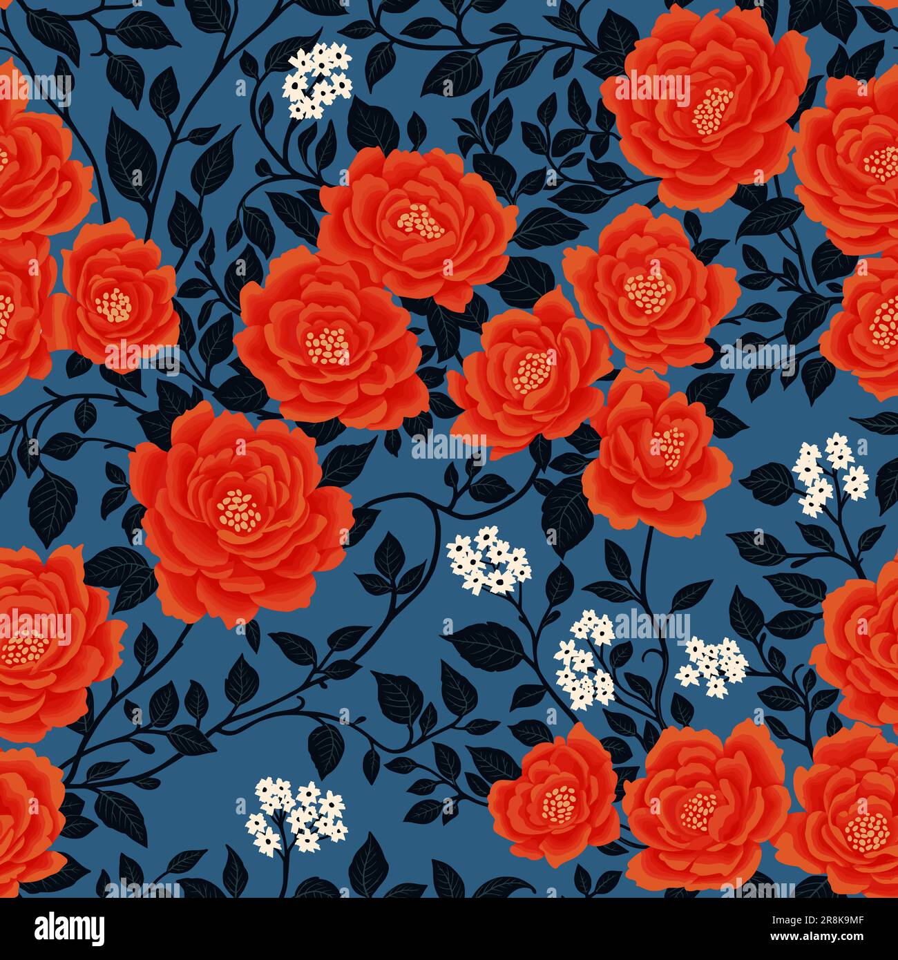 Floral Seamless Pattern of Red and White Flowers and Black Leaves on Blue in a Chinoiserie style. Hand Drawn Art. Wallpaper Design for Textiles, Papers, Prints, Fashion, Background, Beauty Products. Stock Vector