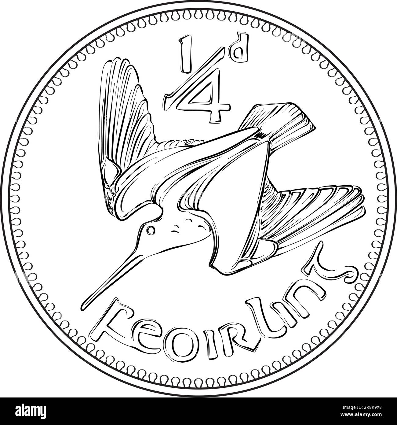 Irish money Pre-decimal gold coin Farthing with woodcock on reverse. Black and white image Stock Vector