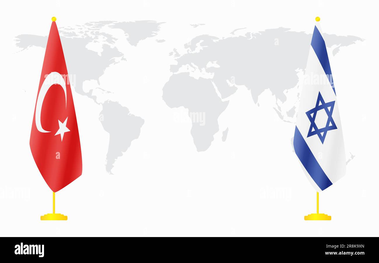 Turkey and Israel flags for official meeting against background of world map. Stock Vector