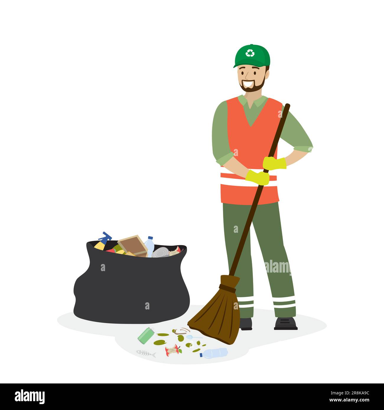 Garbage collector and trash bag with garbage. Cartoon Male worker ...