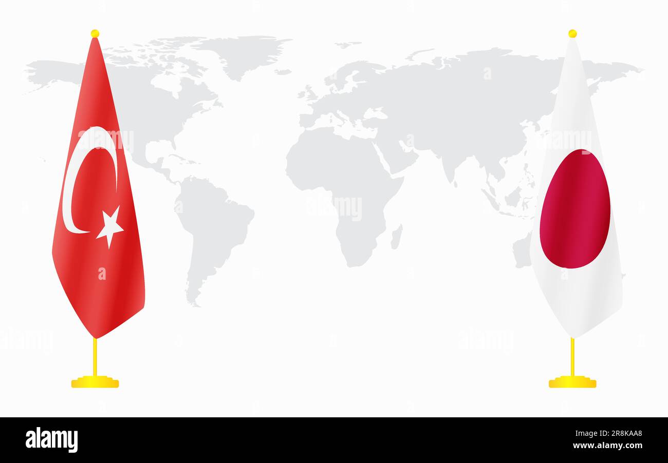 Turkey and Japan flags for official meeting against background of world