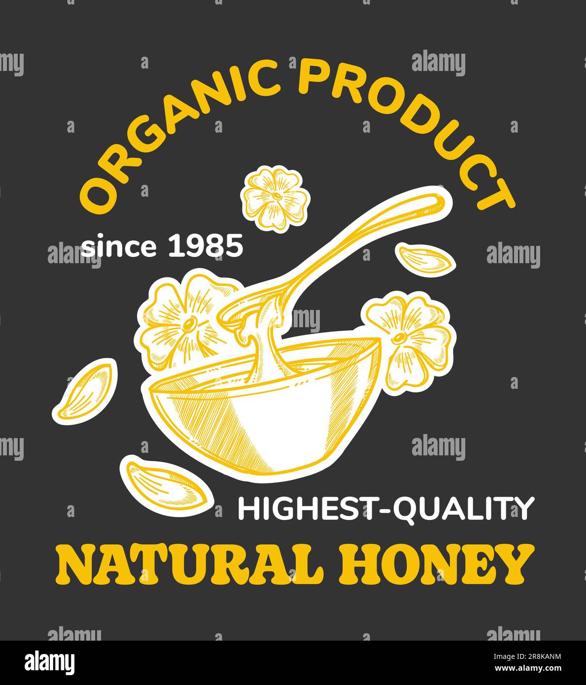 Organic product natural honey, since 1985 quality Stock Vector
