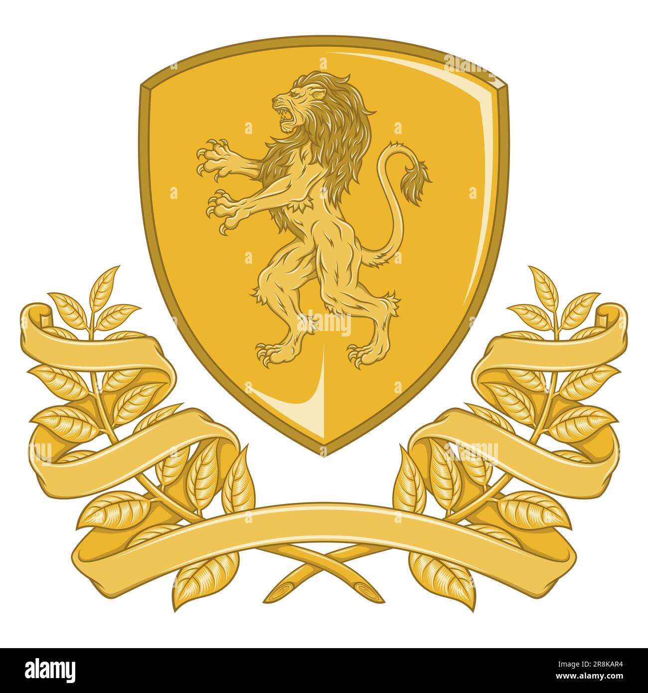 Vector design of heraldic shield of the Middle Ages, noble shield of the European monarchy with rampant lion, laurel wreath and ribbon Stock Vector