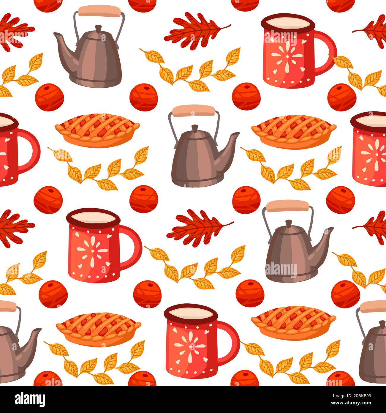 Autumn theme seamless pattern with red mug pie and kettle vector illustration Stock Vector