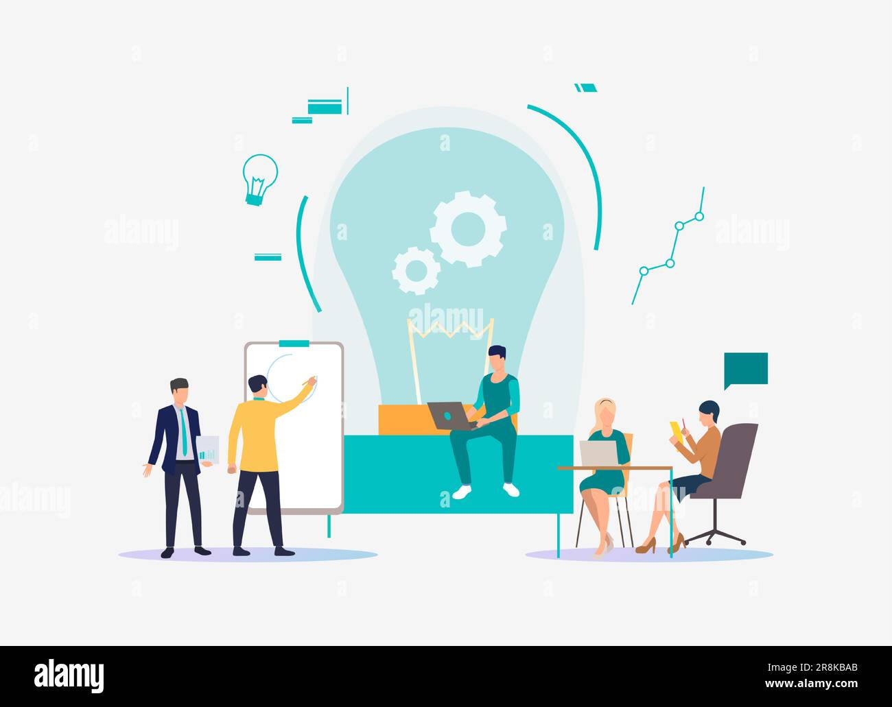 Light bulb, people discussing ideas and working Stock Vector Image ...