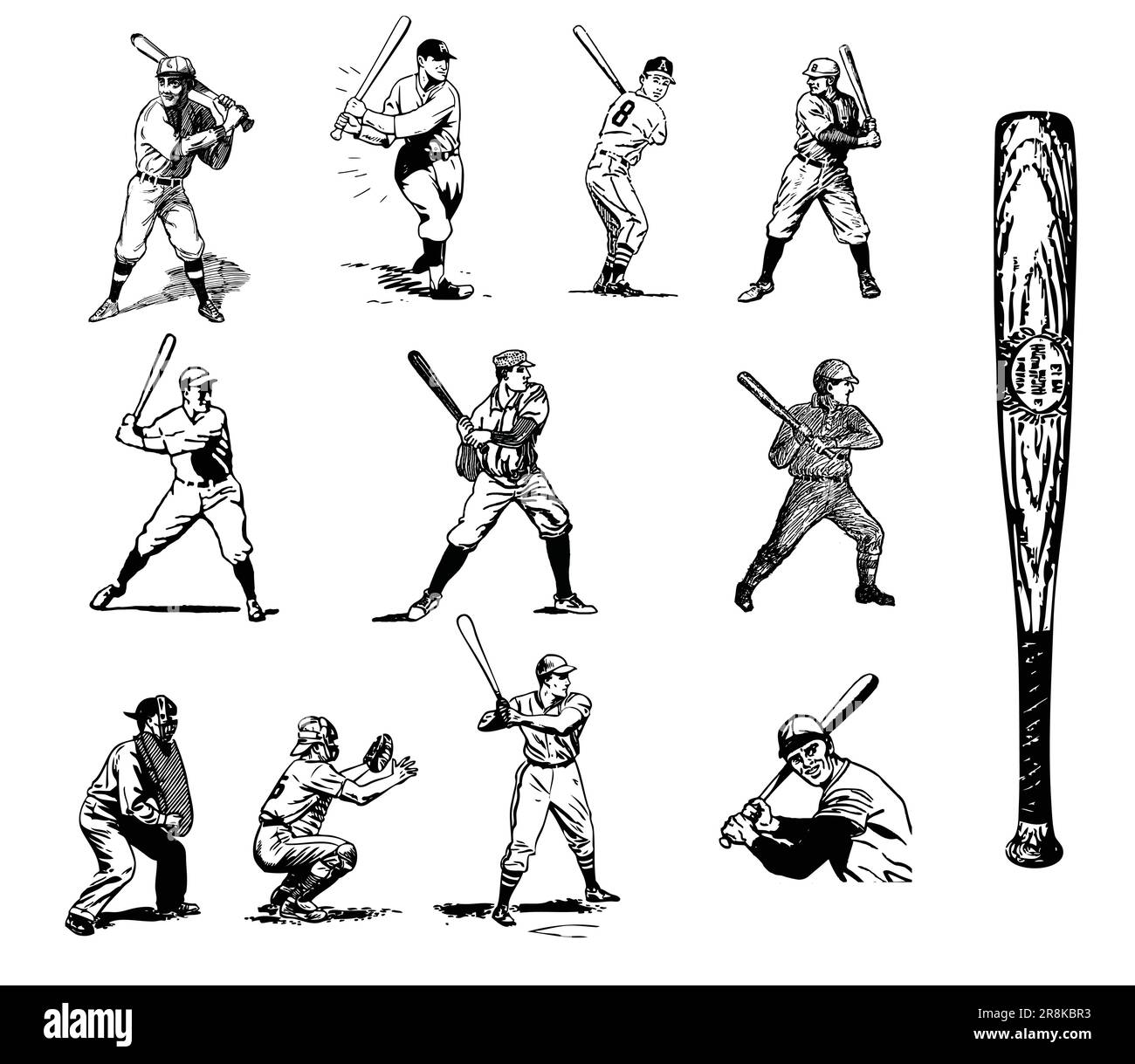 baseball players vintage illustration set ink etching collection vector on white background Stock Vector