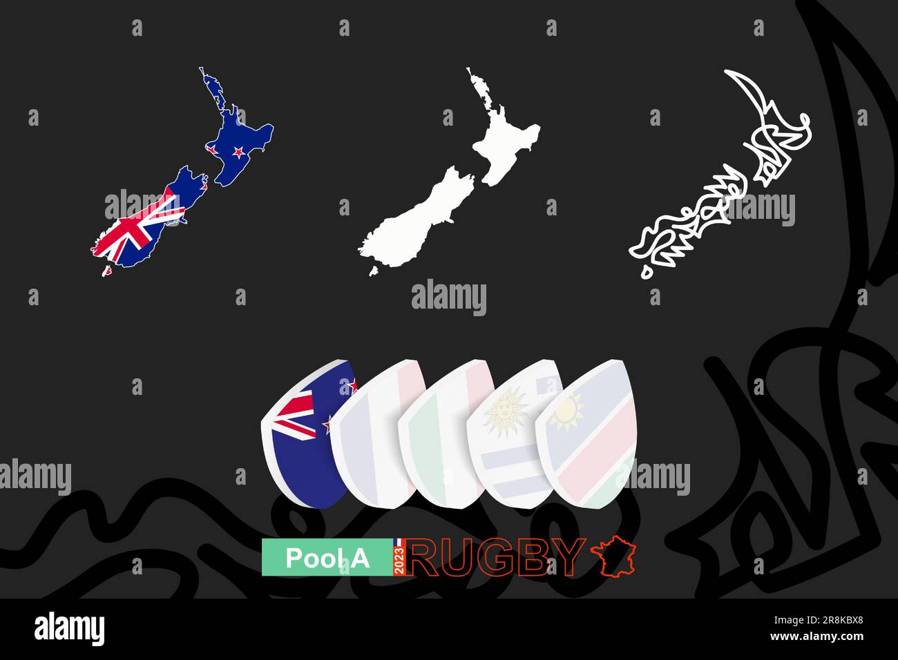 Maps of  New Zealand in three versions for rugby international championship. Abstract background. Stock Vector