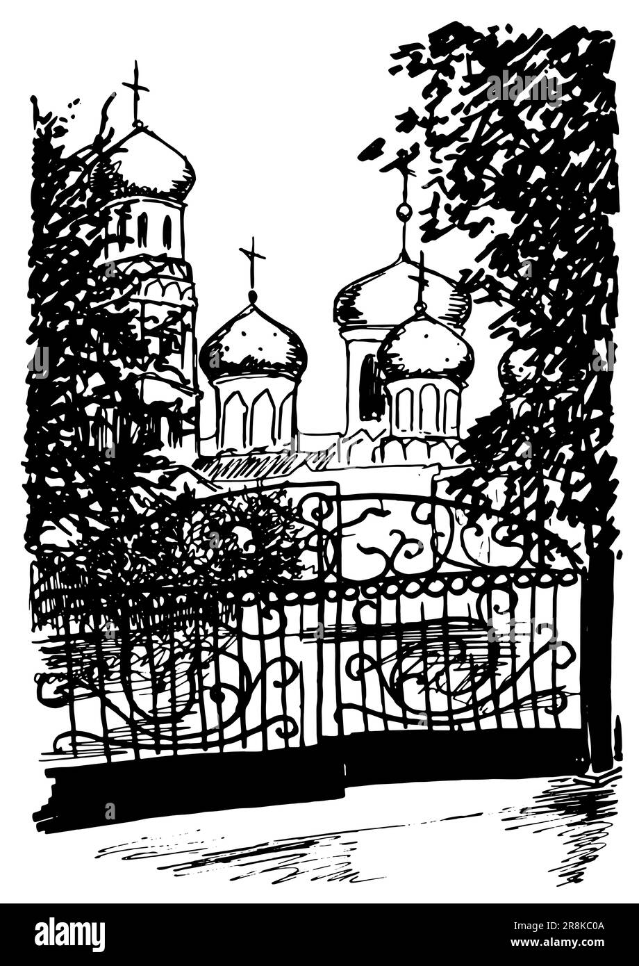 Monochrome black and white church street sketched art vector Stock ...