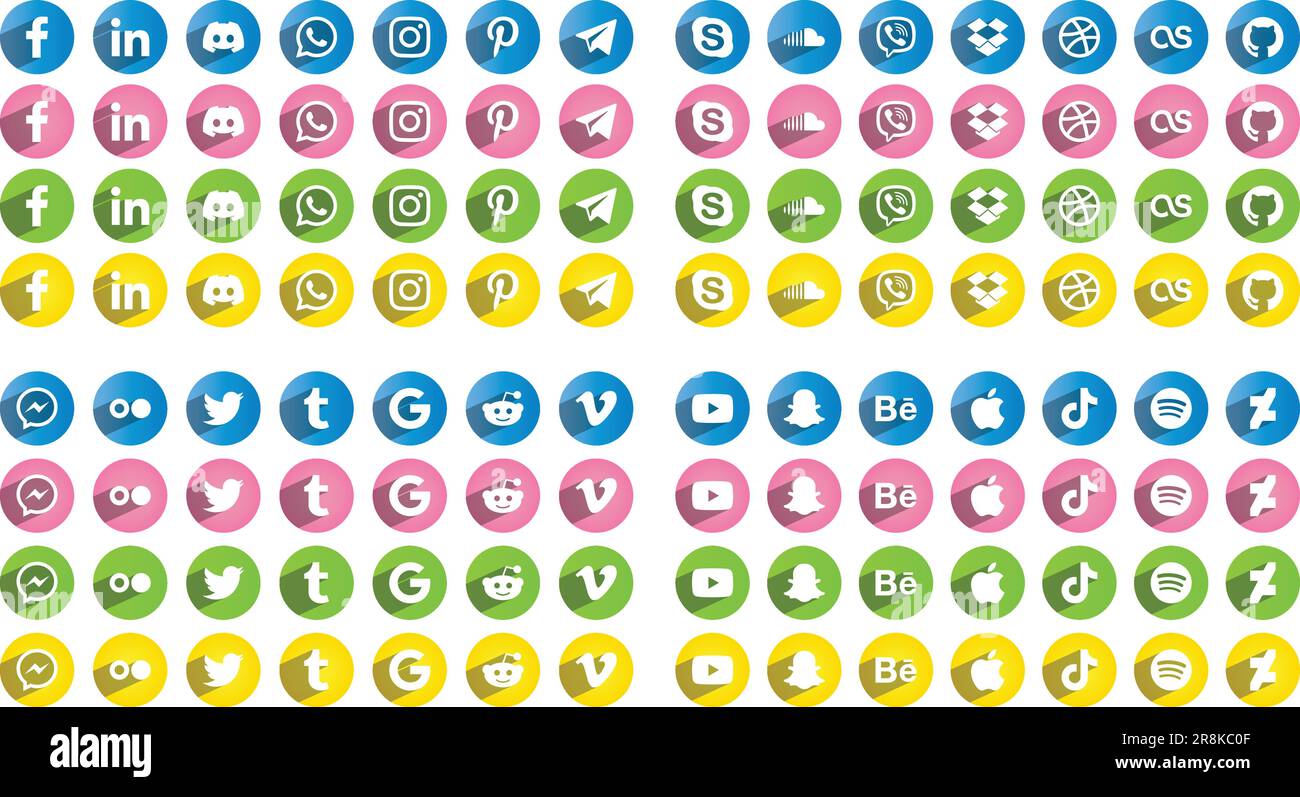 Colorful Round Social Media Icons Logos - Flat icons with Blue, Pink, Green and Yellow gradient background and shadow Stock Vector