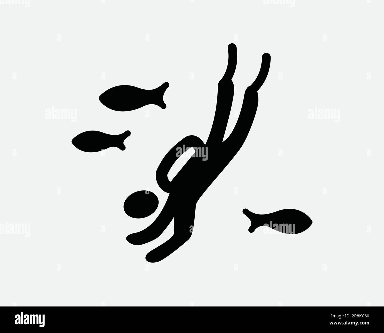 Underwater Dive Icon. Man SCUBA Diving Diver Underwater Sea Ocean Fish Marine Black White Sign Symbol Illustration Artwork Graphic Clipart EPS Vector Stock Vector