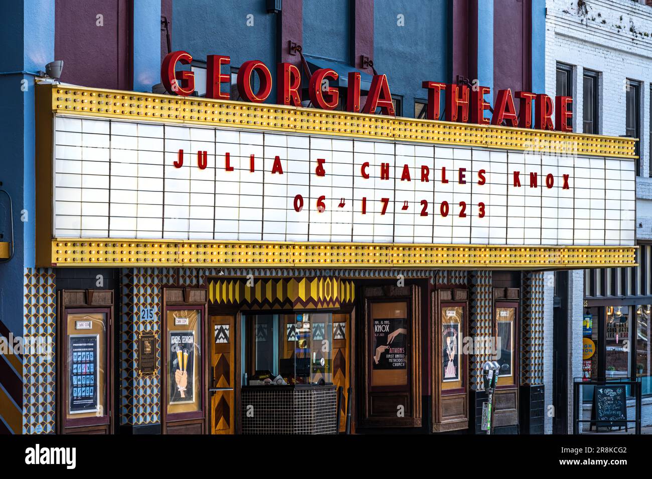 Historic Georgia Theatre in downtown Athens, Georgia, with marquee marriage announcement and wedding posters. (USA) Stock Photo