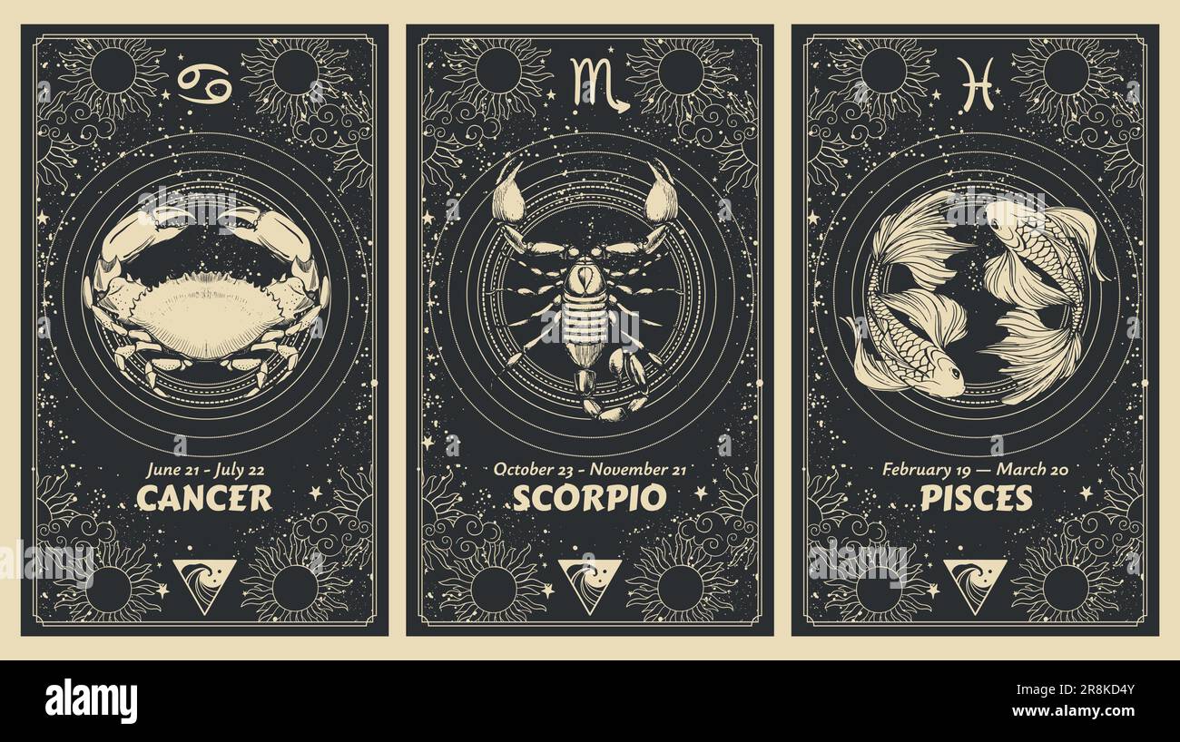 Zodiac signs Cancer, Scorpio, Pisces, water element, mystical astrology card set, horoscope banner with realistic pattern on black background for stor Stock Vector