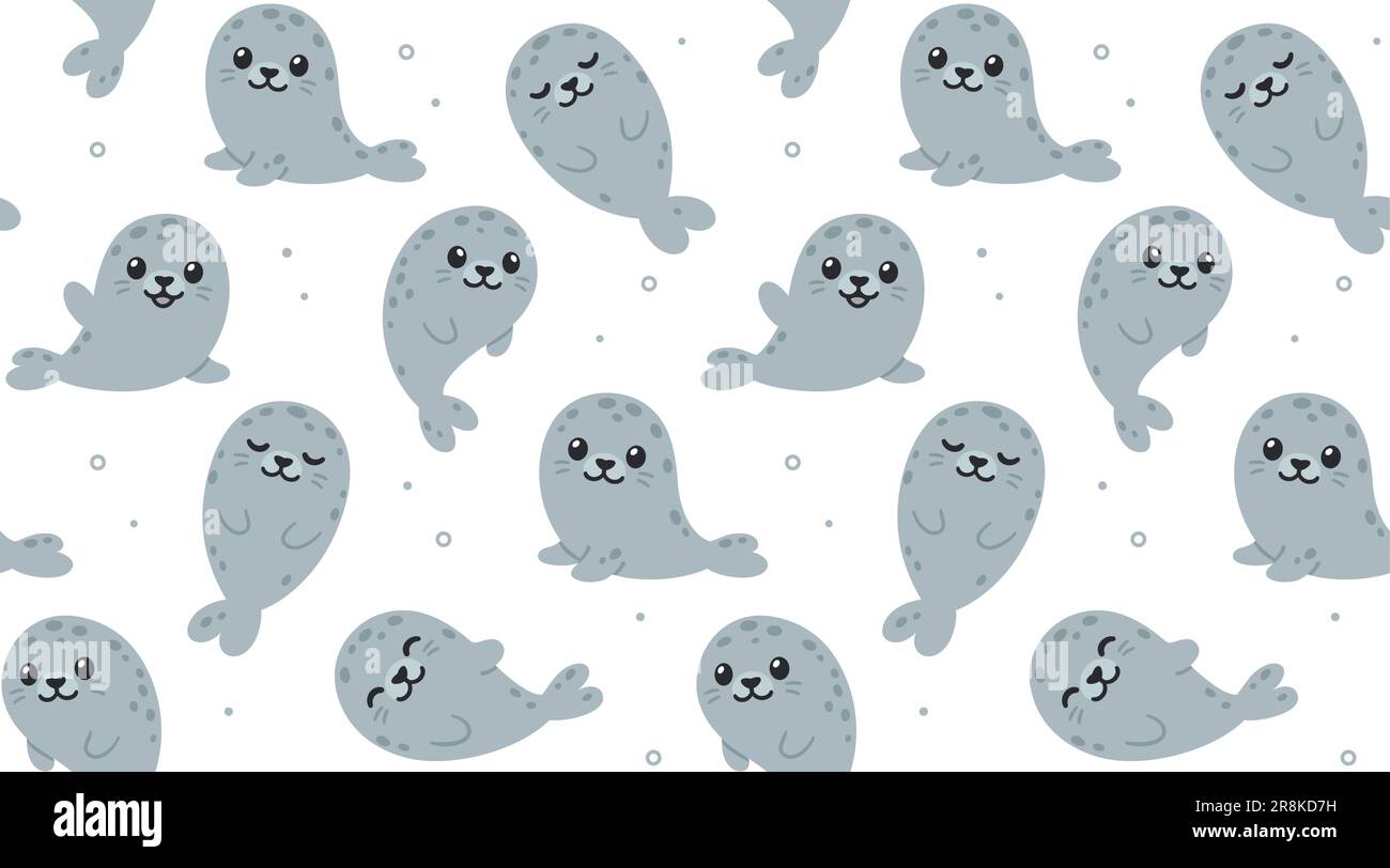 Cute cartoon grey seals seamless pattern. Simple kawaii illustration in flat vector style. Stock Vector
