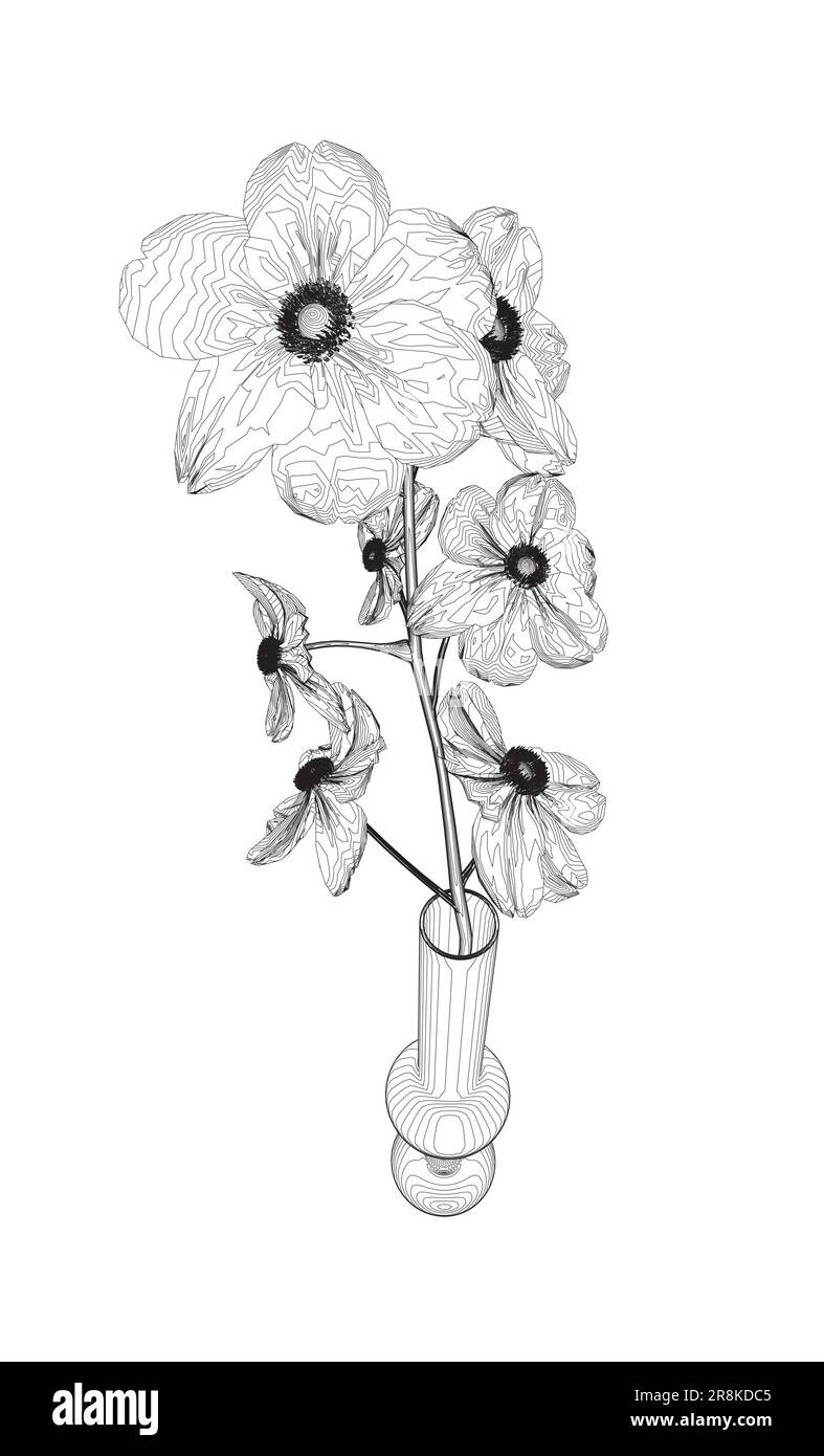 Outline of Flowers line drawing vector art in a vase for decoration