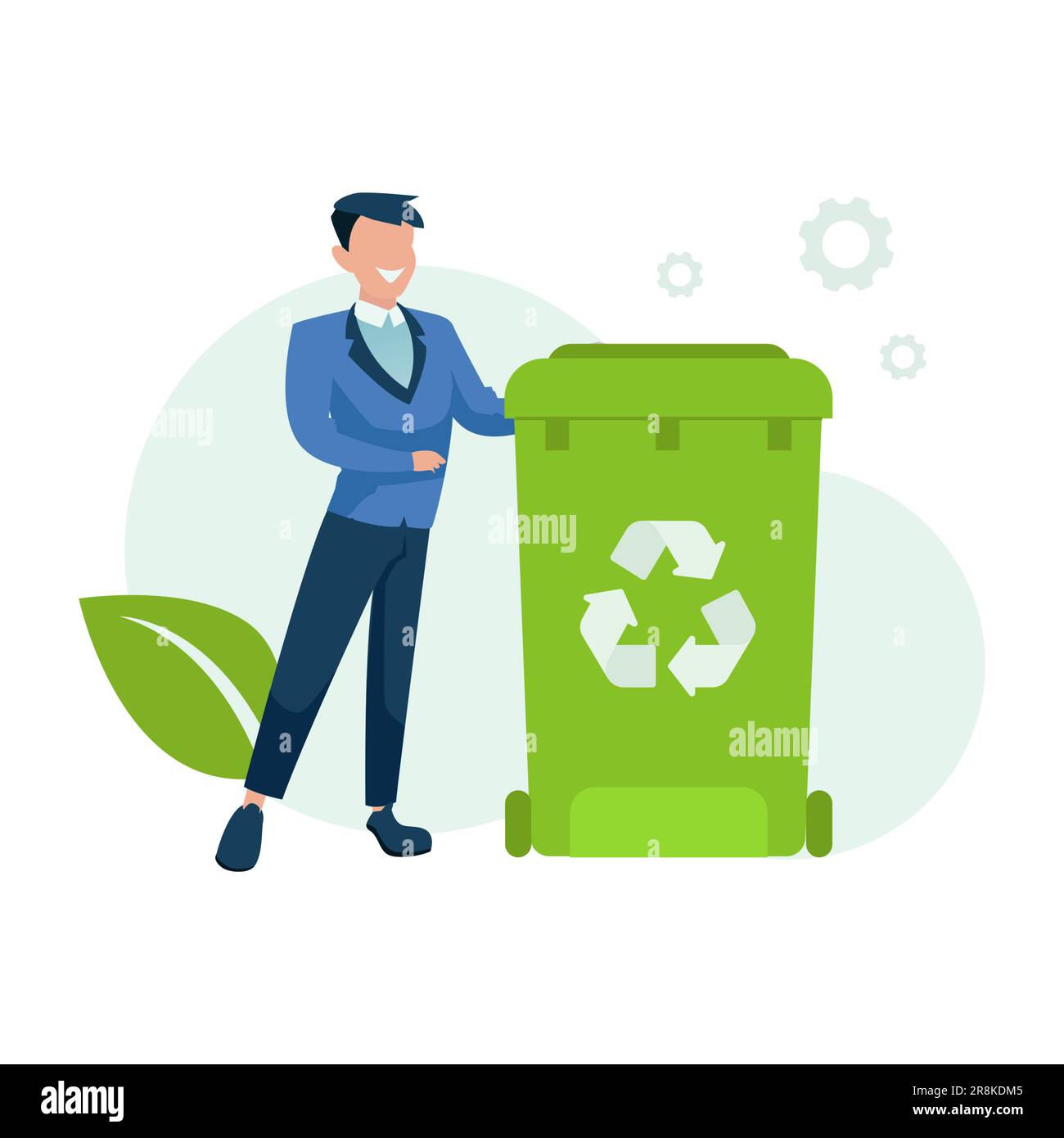 Vector of a young man standing next to a waste basket with a recycle