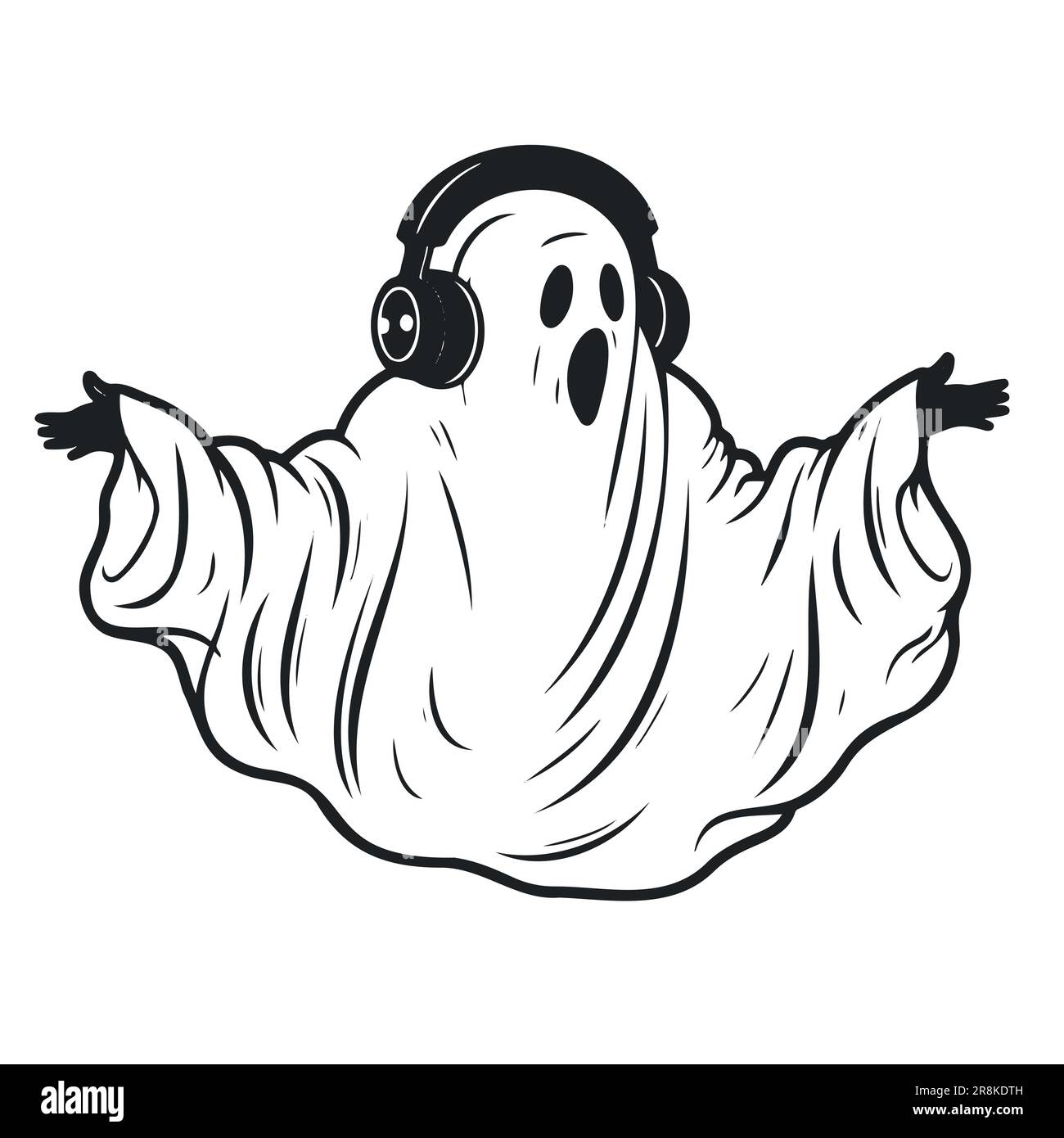 Vector Cartoon Ghost in headphones Isolated On White Background