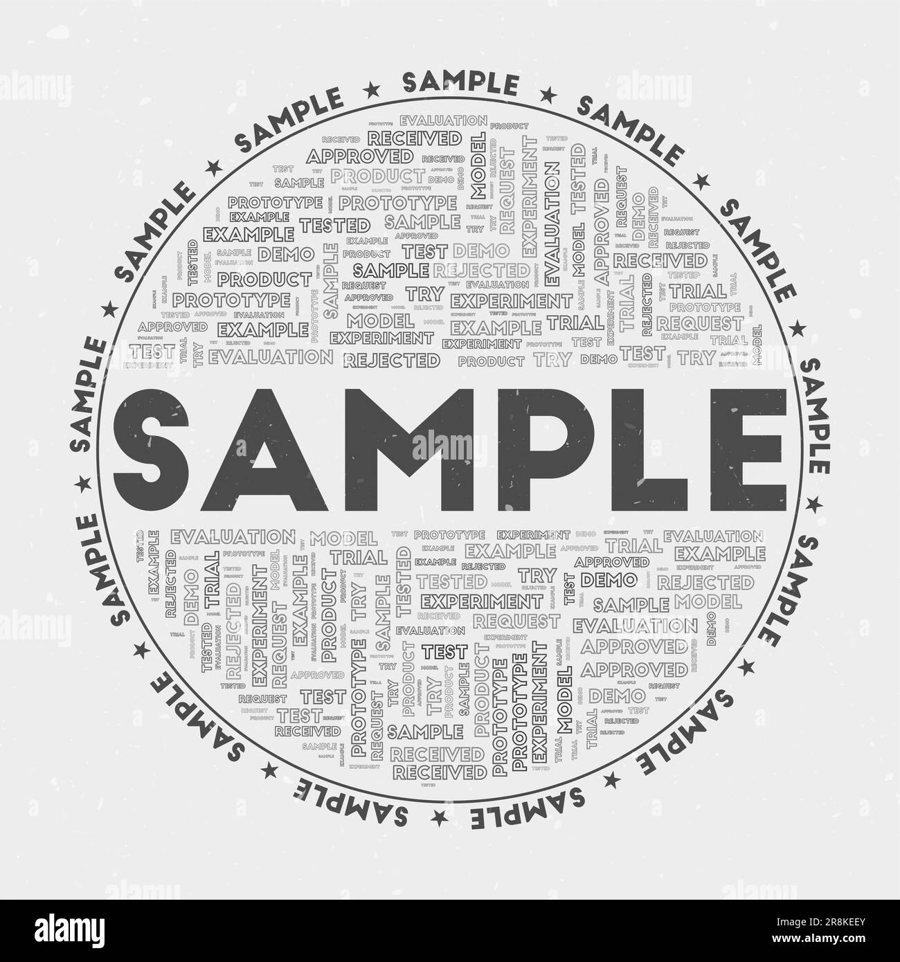 Sample - round badge. Text sample with keywords word clouds and circular text. Shady Character color theme and grunge texture. Stylish vector illustra Stock Vector