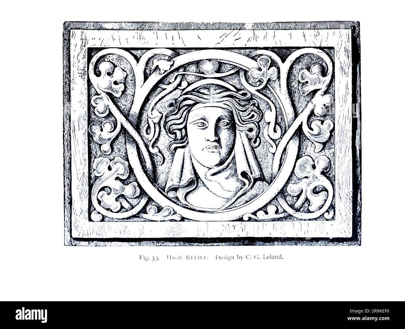 High Relief Design by C. G. Leland lineart sketch from the book ' A manual of wood carving ' by Leland, Charles Godfrey, 1824-1903; and Holtzapffel, John Jacob Publication date 1891 by New York, Scribner Stock Photo