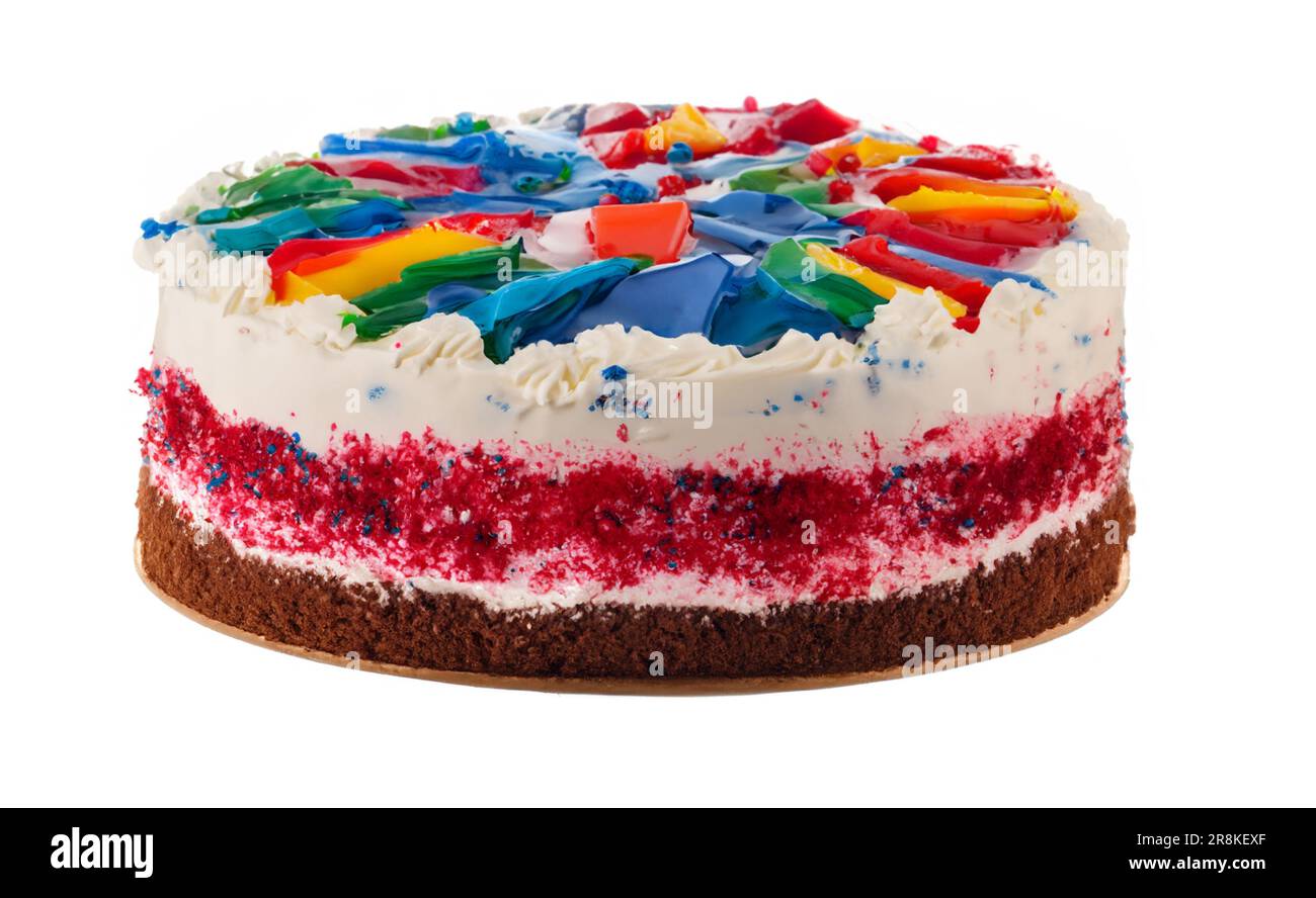 Colourful homemade velvet cake with pride coulors cream. isolated on white  Stock Photo