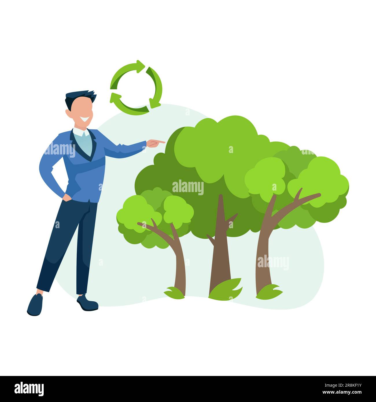 Vector of an environmentally conscious business man standing next to green trees Stock Vector