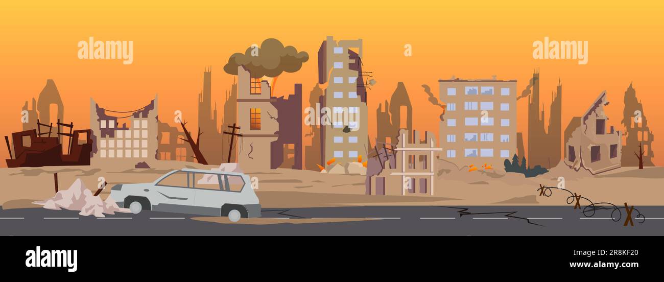 Destruction in war zone concept. Vector of a city in ruins with destroyed, abandoned buildings, burned cars on streets Stock Vector