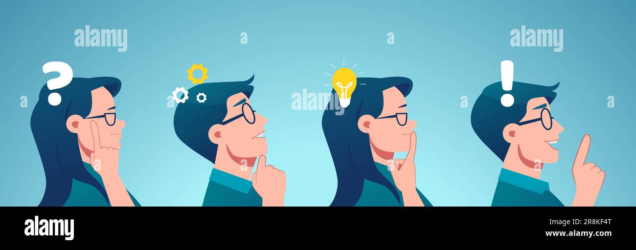 Emotional intelligence. Vector of a thoughtful man and woman thinking solving together a common problem. Stock Vector