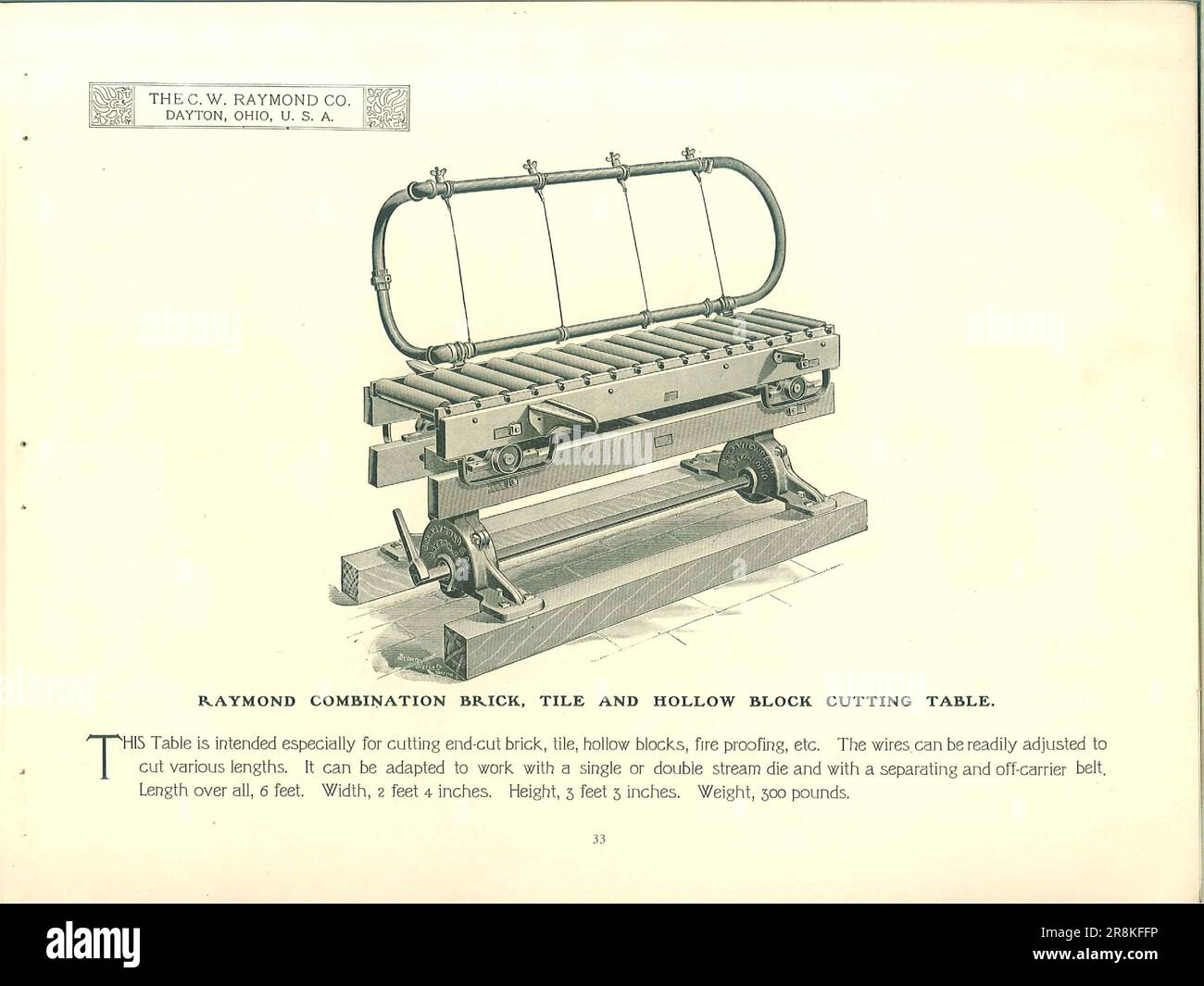 RAYMOND COMBINATION BRICK, TILE AND HOLLOW BLOCK CUTTING TABLE from the catalog ' Clay-working machinery and brick-making appliances ' by C. W. Raymond Company Publication date 1900 Stock Photo