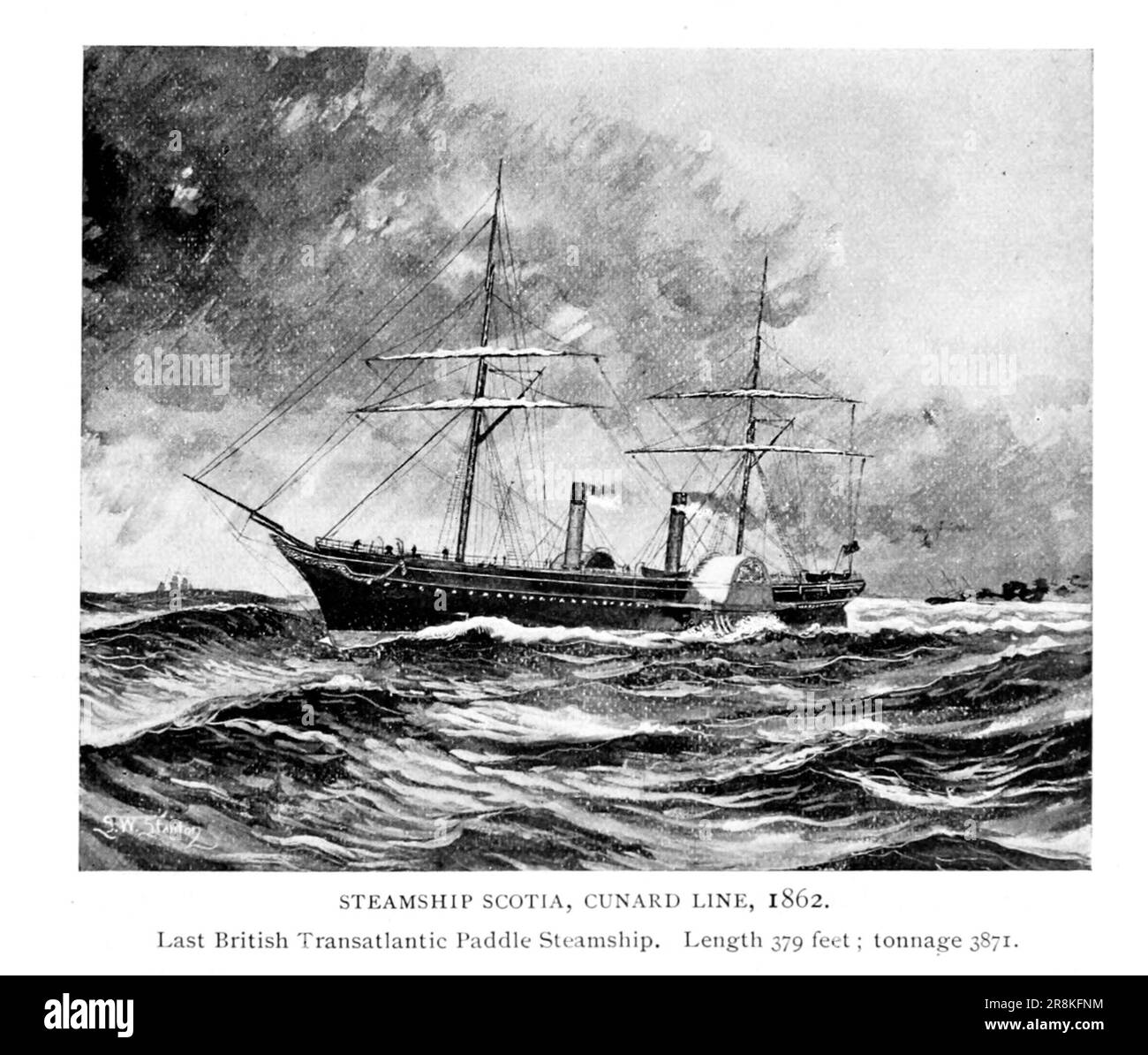 Steamship Scotia, Cunard Line 1862 Last British Transatlantic Paddle Steamship Length 379 feet tonnage 3,871 from the Article The Transatlantic Steamers of 1856 to 1880 By Samuel Ward Stanton from The Engineering Magazine DEVOTED TO INDUSTRIAL PROGRESS Volume X October 1896 NEW YORK The Engineering Magazine Co Stock Photo